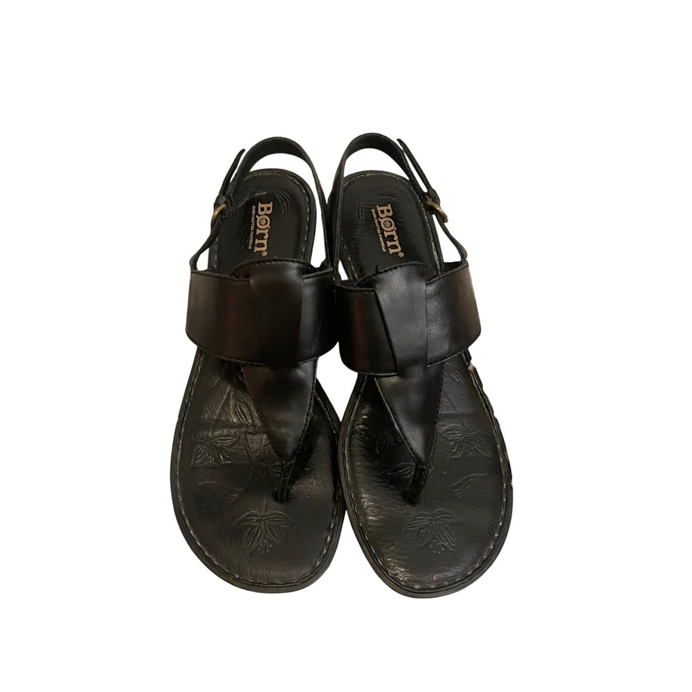 Vintage Black Leather Slingback Thong Sandals Floral Embossed Sole Size 8